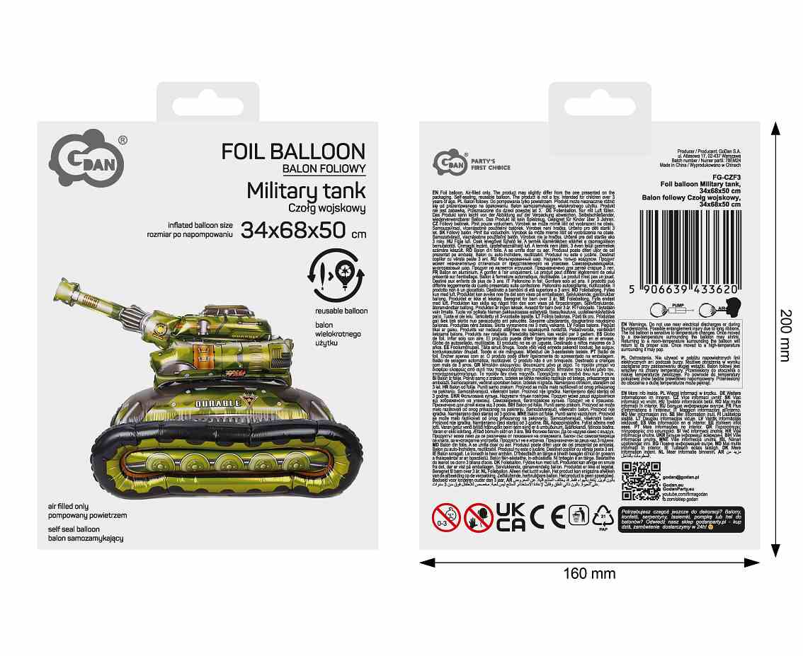 Balon foliowy Czołg wojskowy, 34x68x50cm